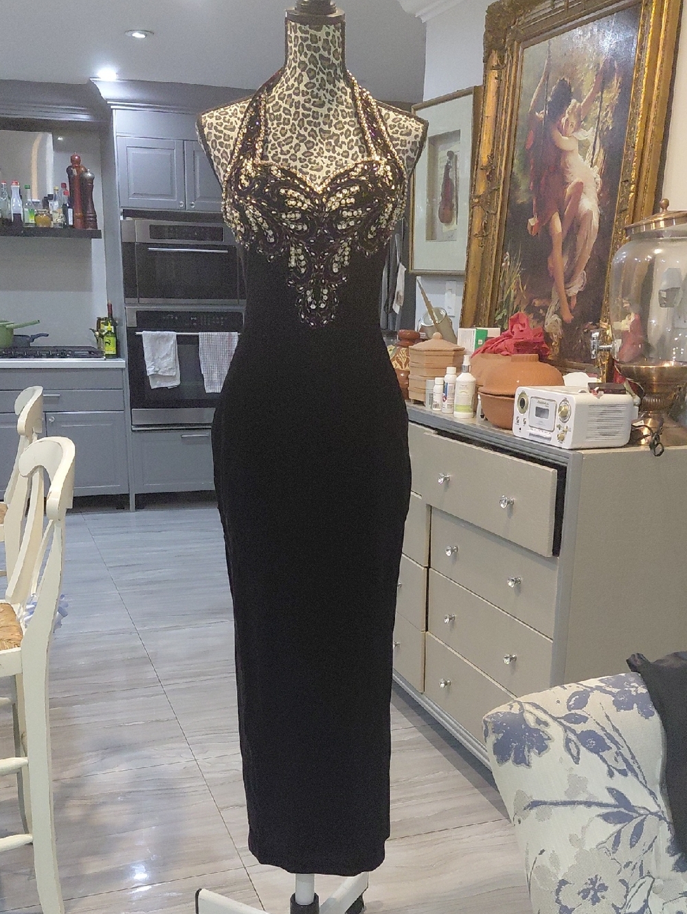 Black And Purple Velvet Embellished Halter Evening Dress